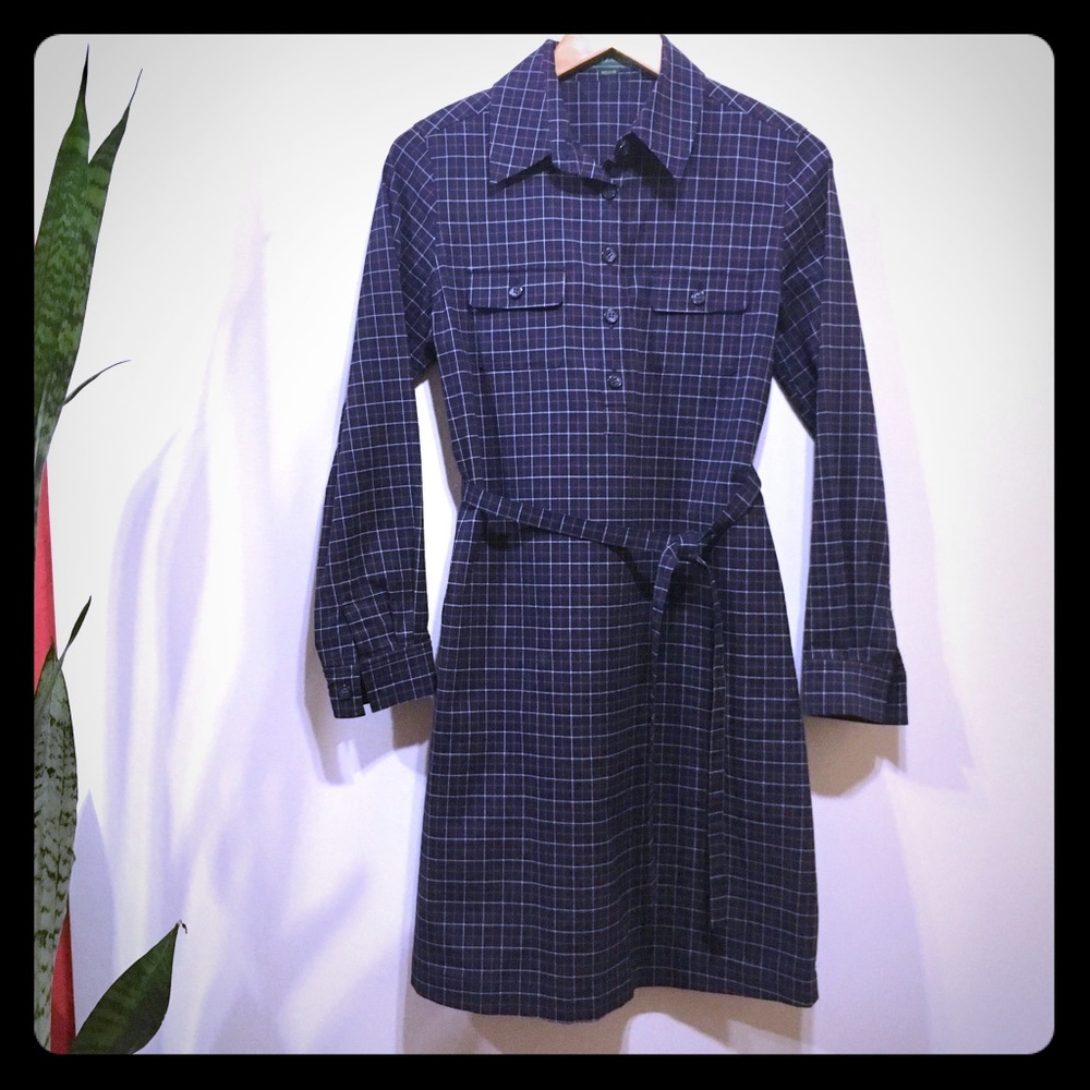 90’s Japanese navy plaid thick shirt dress